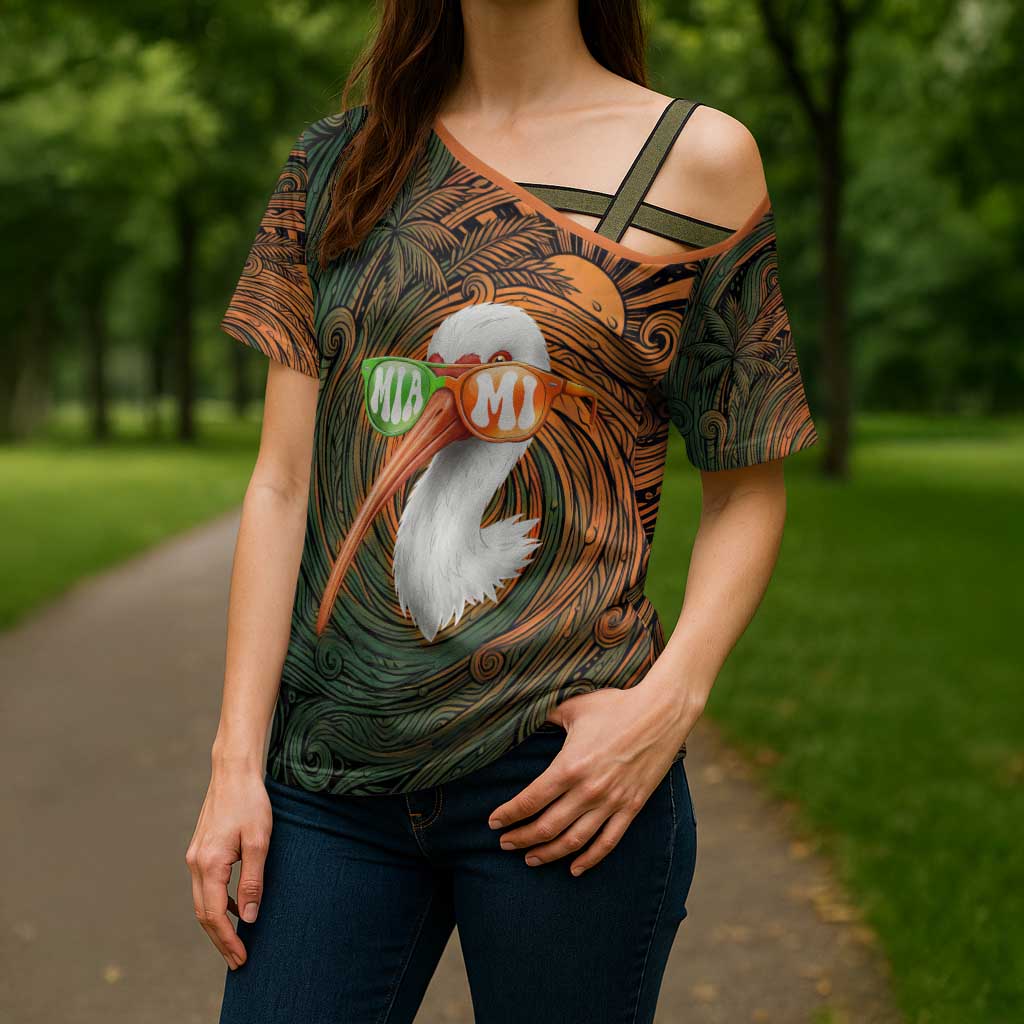 Vintage American White Ibis Cross Shoulder Shirt Miami Sunglasses Artistic Tribal Wave Pattern