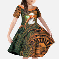 Vintage American White Ibis Family Matching Long Sleeve Bodycon Dress and Hawaiian Shirt Miami Sunglasses Artistic Tribal Wave Pattern