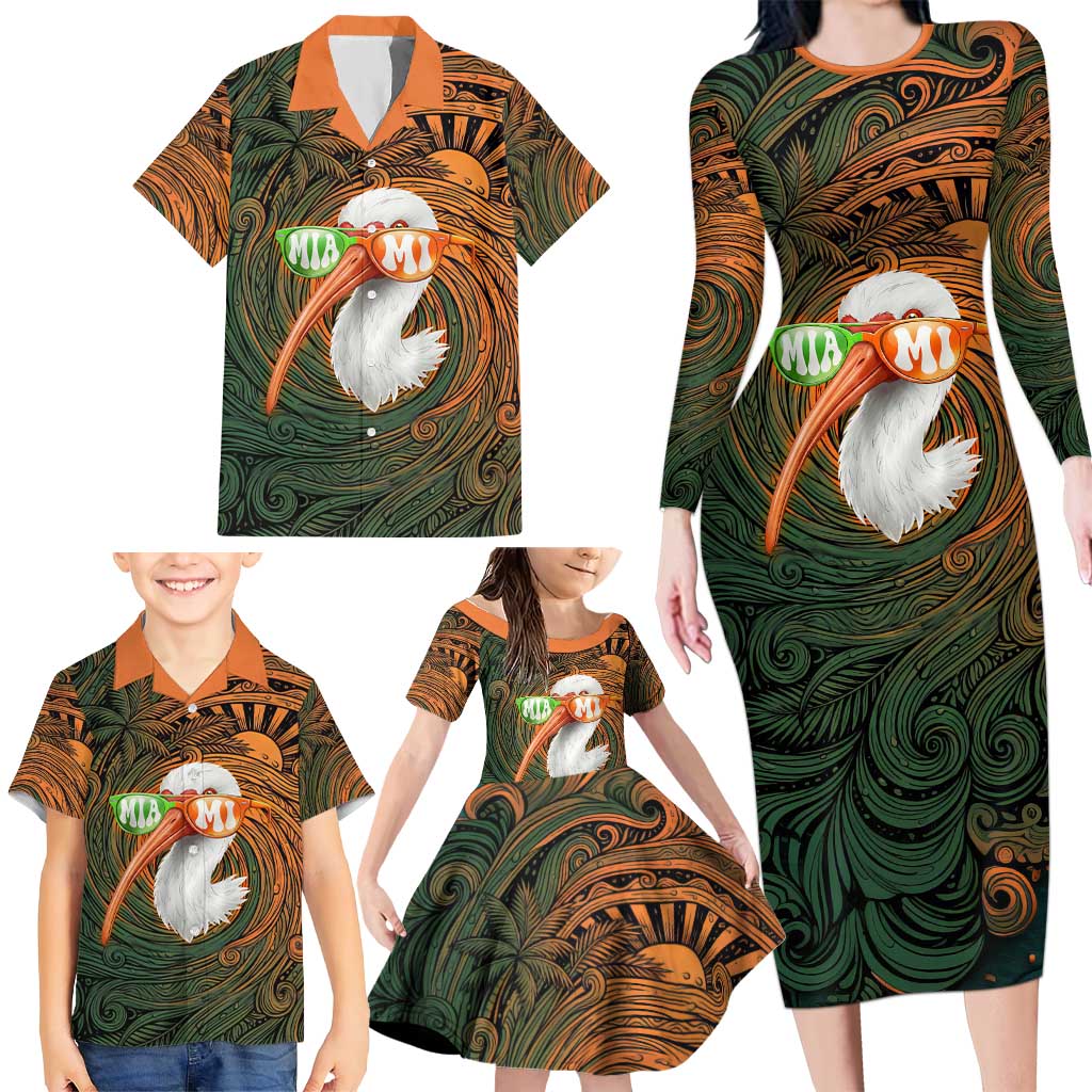 Vintage American White Ibis Family Matching Long Sleeve Bodycon Dress and Hawaiian Shirt Miami Sunglasses Artistic Tribal Wave Pattern