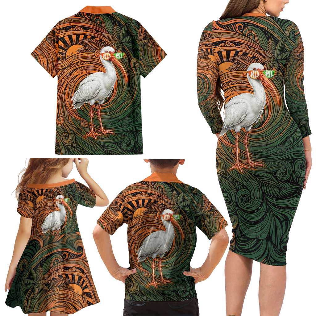Vintage American White Ibis Family Matching Long Sleeve Bodycon Dress and Hawaiian Shirt Miami Sunglasses Artistic Tribal Wave Pattern