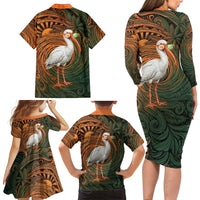 Vintage American White Ibis Family Matching Long Sleeve Bodycon Dress and Hawaiian Shirt Miami Sunglasses Artistic Tribal Wave Pattern