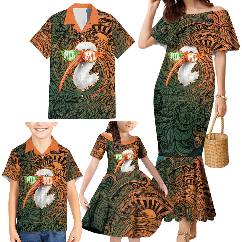 Vintage American White Ibis Family Matching Mermaid Dress and Hawaiian Shirt Miami Sunglasses Artistic Tribal Wave Pattern