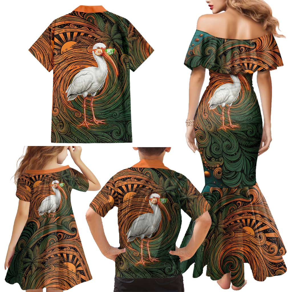 Vintage American White Ibis Family Matching Mermaid Dress and Hawaiian Shirt Miami Sunglasses Artistic Tribal Wave Pattern