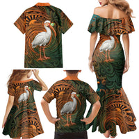 Vintage American White Ibis Family Matching Mermaid Dress and Hawaiian Shirt Miami Sunglasses Artistic Tribal Wave Pattern