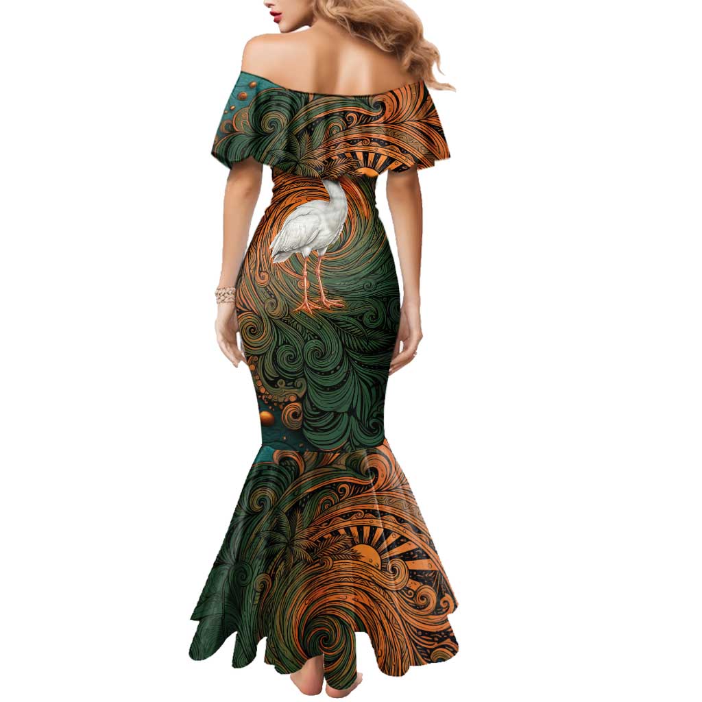 Vintage American White Ibis Family Matching Mermaid Dress and Hawaiian Shirt Miami Sunglasses Artistic Tribal Wave Pattern