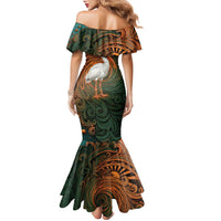 Vintage American White Ibis Family Matching Mermaid Dress and Hawaiian Shirt Miami Sunglasses Artistic Tribal Wave Pattern