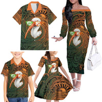 Vintage American White Ibis Family Matching Off The Shoulder Long Sleeve Dress and Hawaiian Shirt Miami Sunglasses Artistic Tribal Wave Pattern
