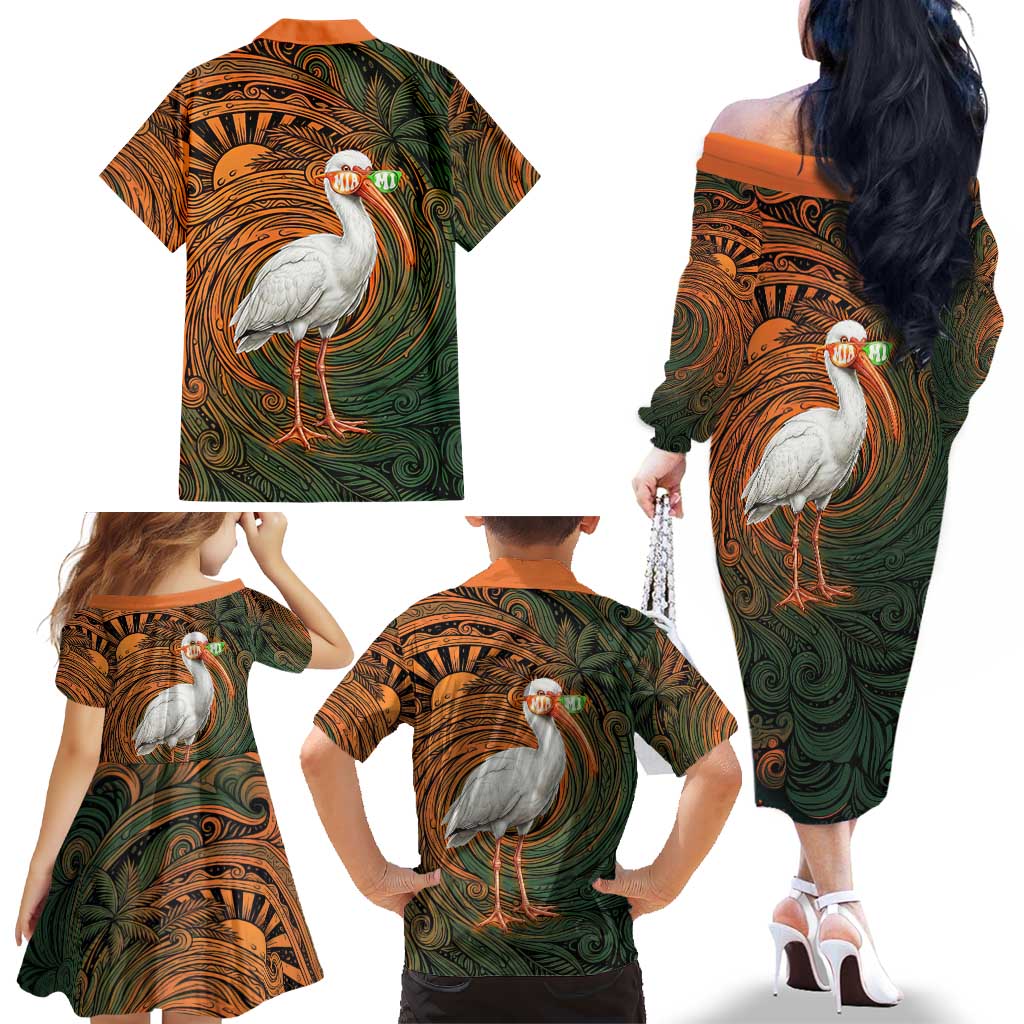 Vintage American White Ibis Family Matching Off The Shoulder Long Sleeve Dress and Hawaiian Shirt Miami Sunglasses Artistic Tribal Wave Pattern