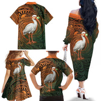 Vintage American White Ibis Family Matching Off The Shoulder Long Sleeve Dress and Hawaiian Shirt Miami Sunglasses Artistic Tribal Wave Pattern