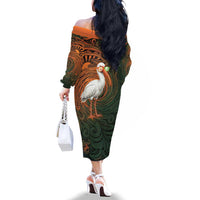 Vintage American White Ibis Family Matching Off The Shoulder Long Sleeve Dress and Hawaiian Shirt Miami Sunglasses Artistic Tribal Wave Pattern