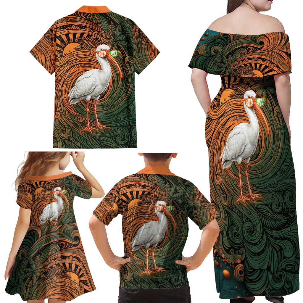Vintage American White Ibis Family Matching Off Shoulder Maxi Dress and Hawaiian Shirt Miami Sunglasses Artistic Tribal Wave Pattern