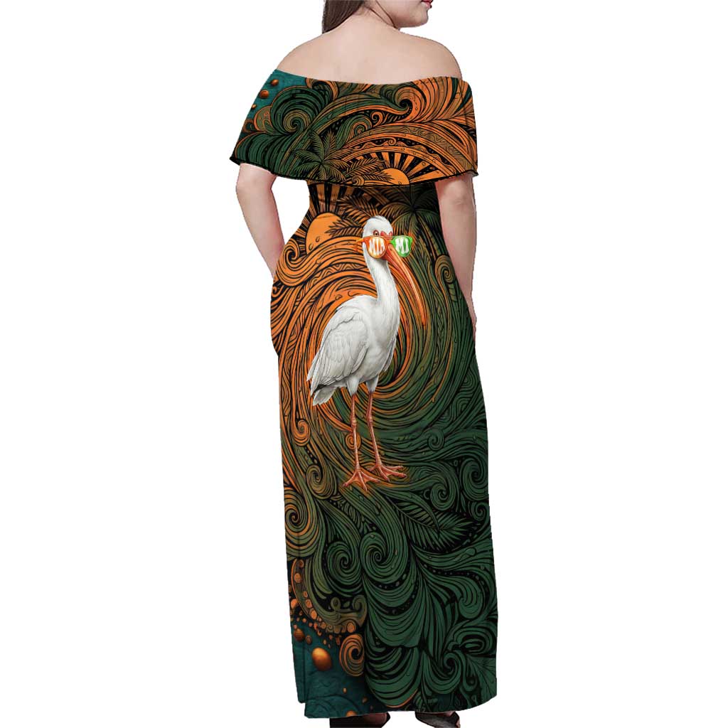 Vintage American White Ibis Family Matching Off Shoulder Maxi Dress and Hawaiian Shirt Miami Sunglasses Artistic Tribal Wave Pattern