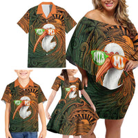 Vintage American White Ibis Family Matching Off Shoulder Short Dress and Hawaiian Shirt Miami Sunglasses Artistic Tribal Wave Pattern