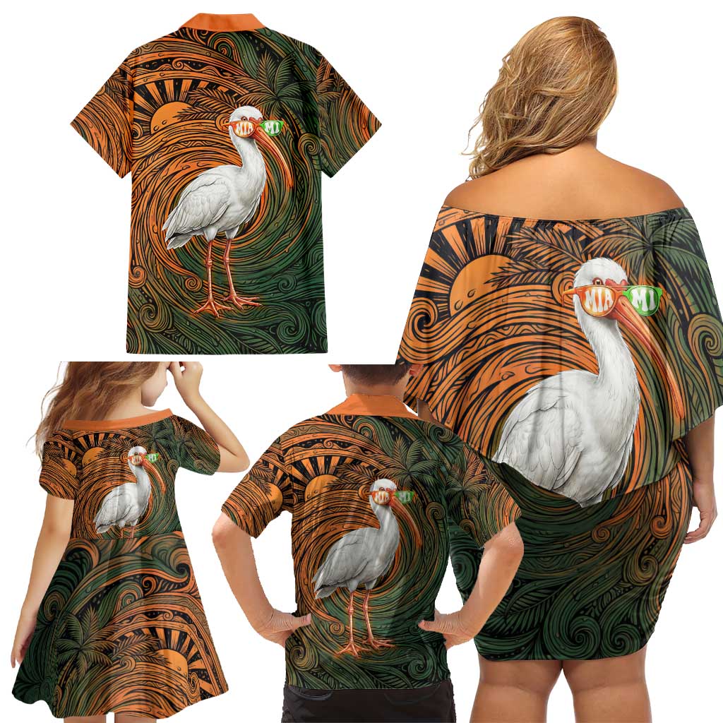 Vintage American White Ibis Family Matching Off Shoulder Short Dress and Hawaiian Shirt Miami Sunglasses Artistic Tribal Wave Pattern