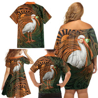 Vintage American White Ibis Family Matching Off Shoulder Short Dress and Hawaiian Shirt Miami Sunglasses Artistic Tribal Wave Pattern