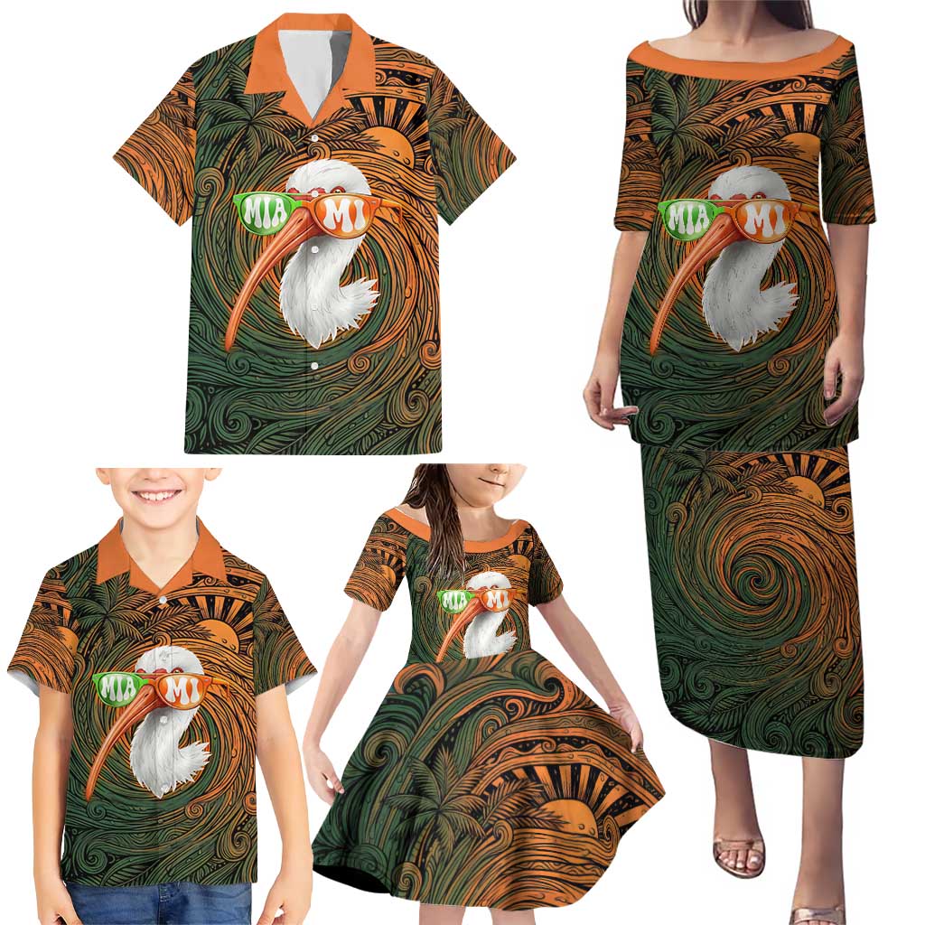 Vintage American White Ibis Family Matching Puletasi and Hawaiian Shirt Miami Sunglasses Artistic Tribal Wave Pattern