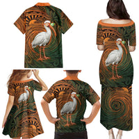 Vintage American White Ibis Family Matching Puletasi and Hawaiian Shirt Miami Sunglasses Artistic Tribal Wave Pattern