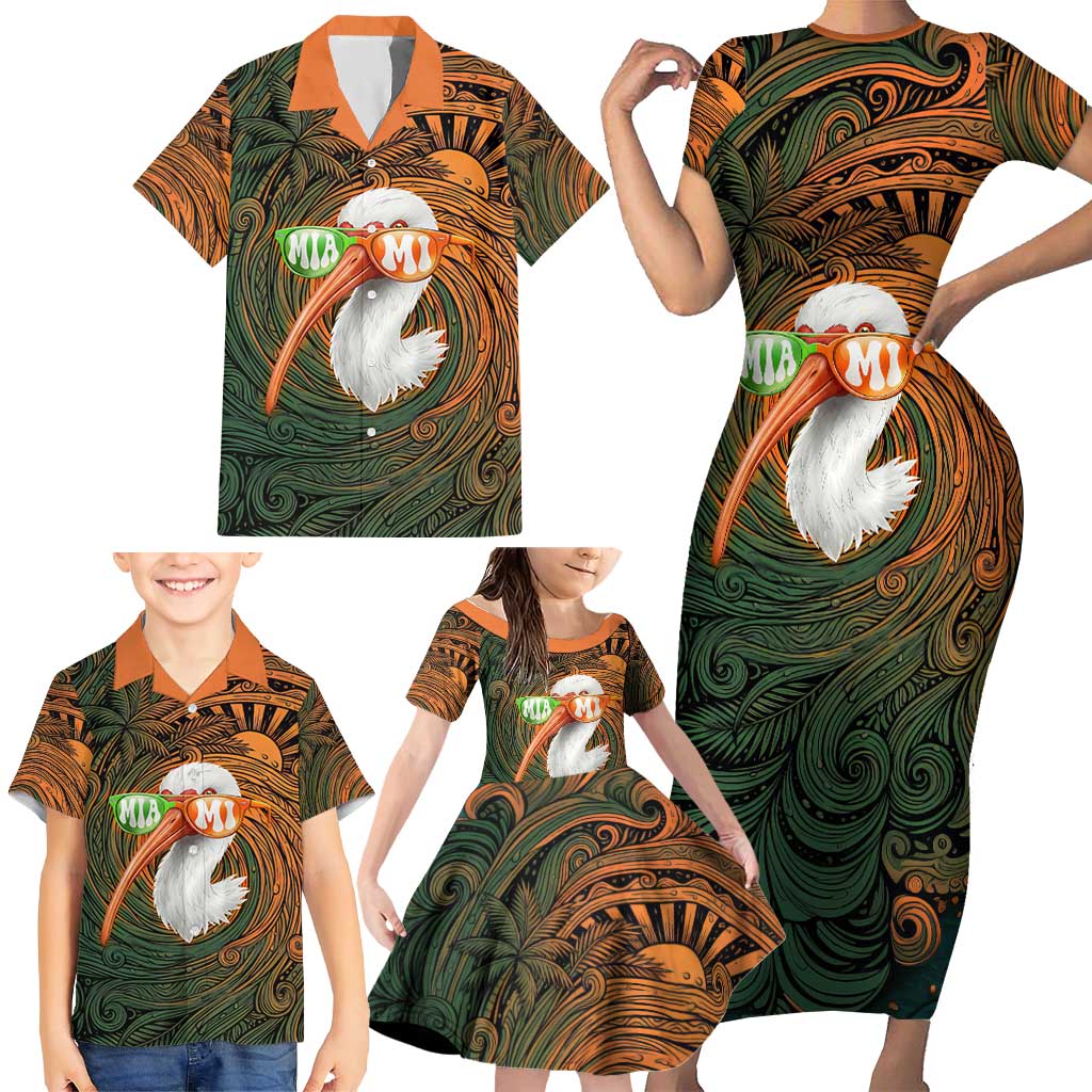 Vintage American White Ibis Family Matching Short Sleeve Bodycon Dress and Hawaiian Shirt Miami Sunglasses Artistic Tribal Wave Pattern