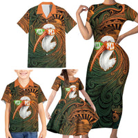 Vintage American White Ibis Family Matching Short Sleeve Bodycon Dress and Hawaiian Shirt Miami Sunglasses Artistic Tribal Wave Pattern