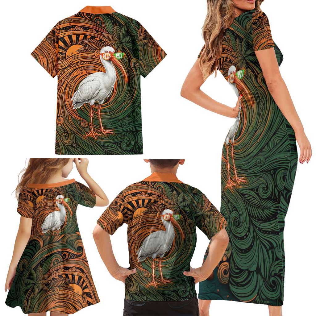 Vintage American White Ibis Family Matching Short Sleeve Bodycon Dress and Hawaiian Shirt Miami Sunglasses Artistic Tribal Wave Pattern