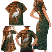 Vintage American White Ibis Family Matching Short Sleeve Bodycon Dress and Hawaiian Shirt Miami Sunglasses Artistic Tribal Wave Pattern