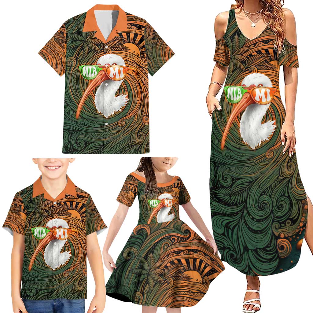 Vintage American White Ibis Family Matching Summer Maxi Dress and Hawaiian Shirt Miami Sunglasses Artistic Tribal Wave Pattern
