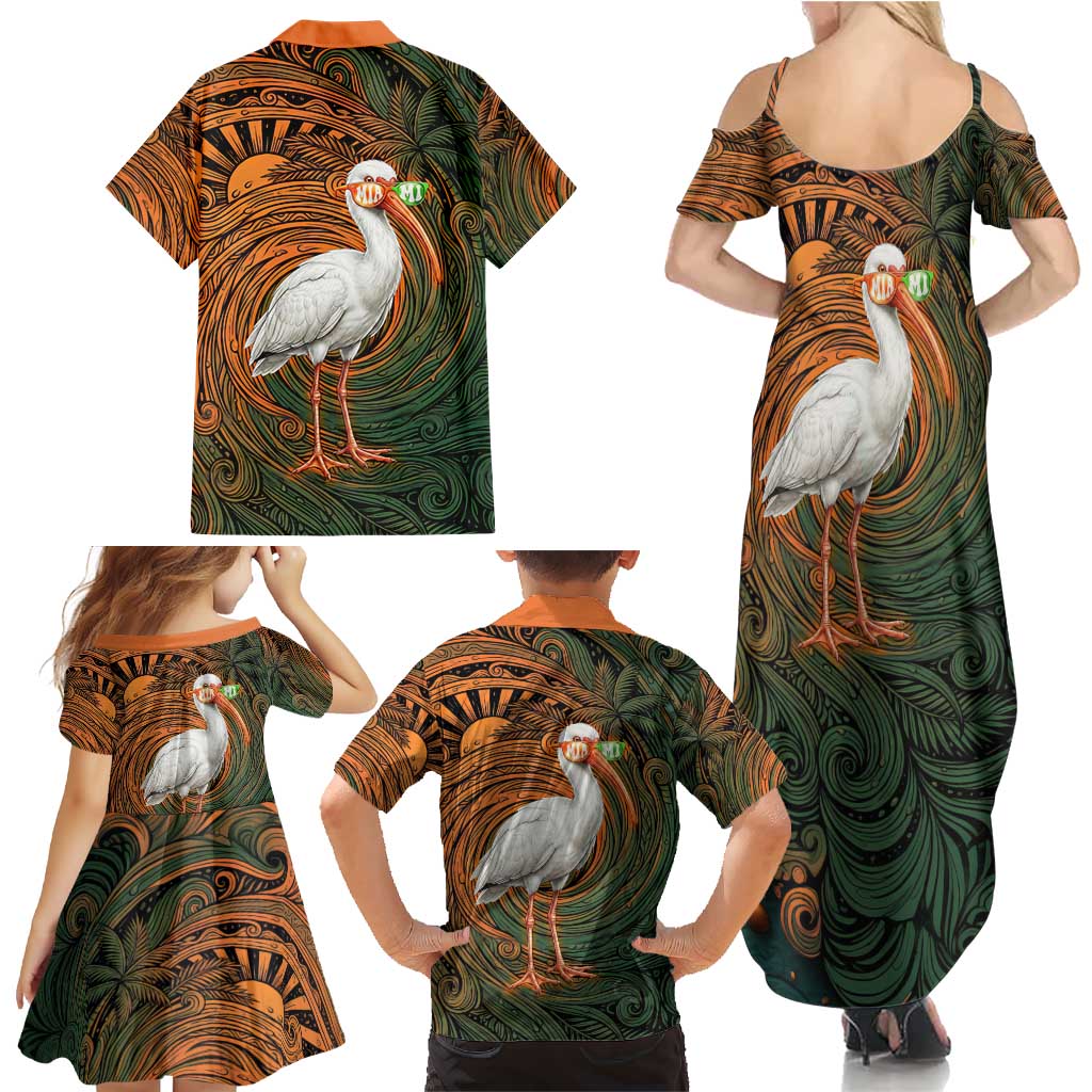 Vintage American White Ibis Family Matching Summer Maxi Dress and Hawaiian Shirt Miami Sunglasses Artistic Tribal Wave Pattern