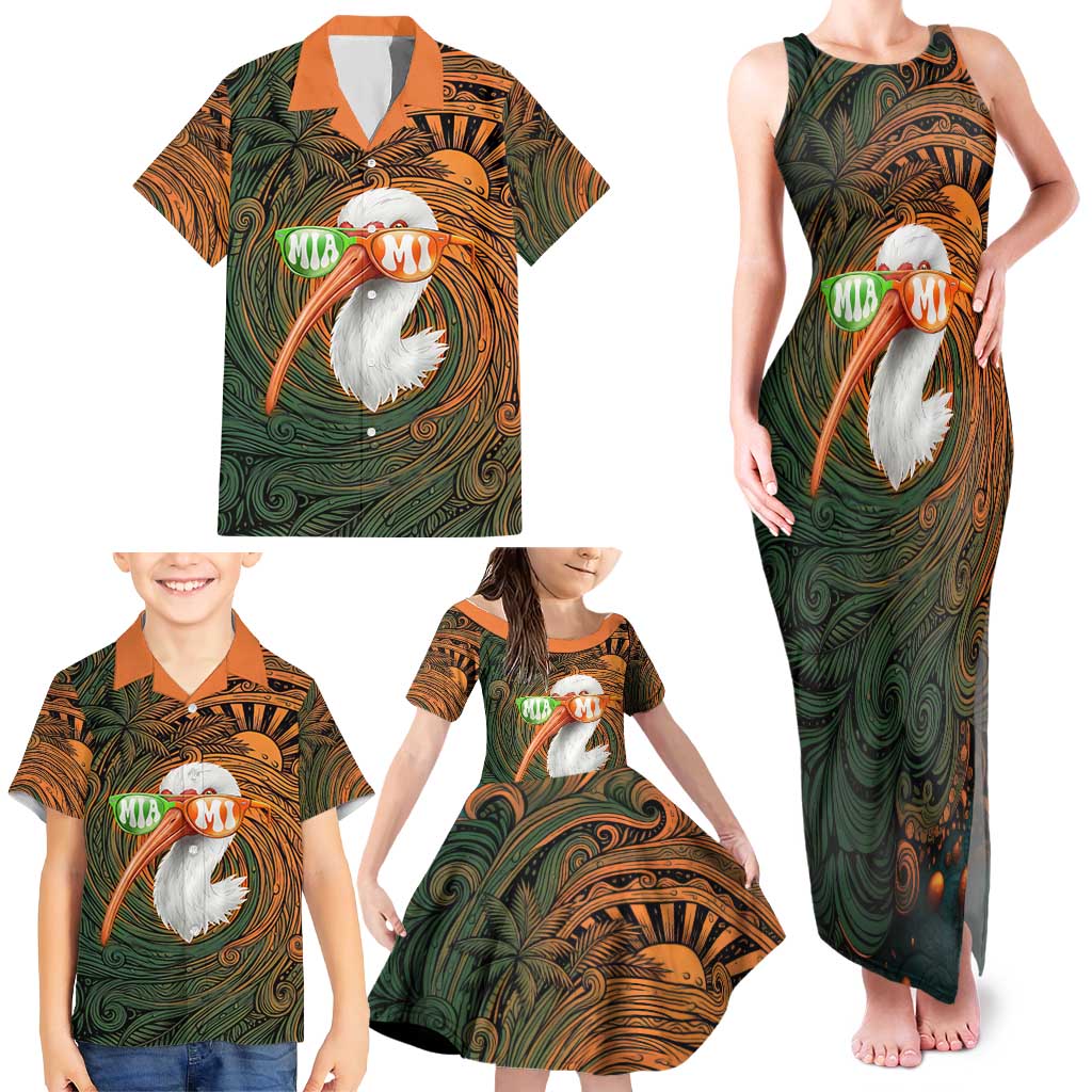 Vintage American White Ibis Family Matching Tank Maxi Dress and Hawaiian Shirt Miami Sunglasses Artistic Tribal Wave Pattern