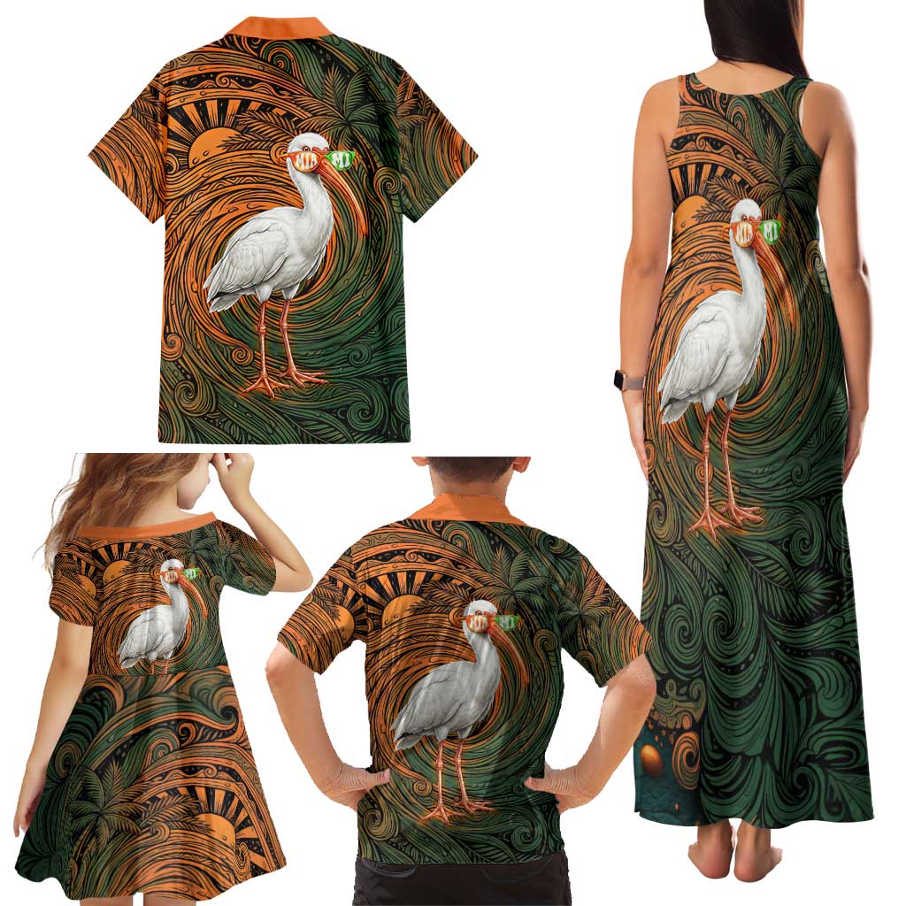 Vintage American White Ibis Family Matching Tank Maxi Dress and Hawaiian Shirt Miami Sunglasses Artistic Tribal Wave Pattern