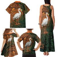 Vintage American White Ibis Family Matching Tank Maxi Dress and Hawaiian Shirt Miami Sunglasses Artistic Tribal Wave Pattern
