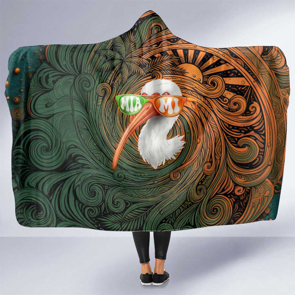 Vintage American White Ibis Hooded Blanket Miami Sunglasses Artistic Tribal Wave Pattern