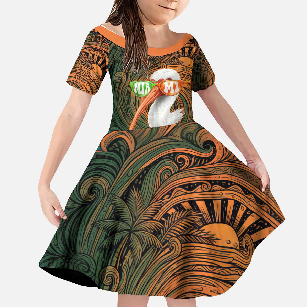 Vintage American White Ibis Kid Short Sleeve Dress Miami Sunglasses Artistic Tribal Wave Pattern
