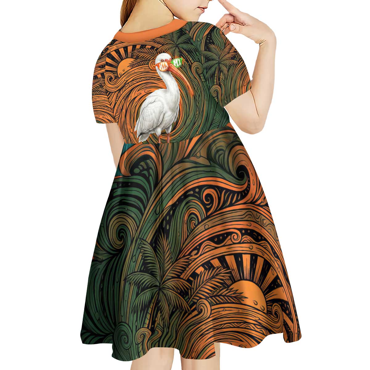 Vintage American White Ibis Kid Short Sleeve Dress Miami Sunglasses Artistic Tribal Wave Pattern