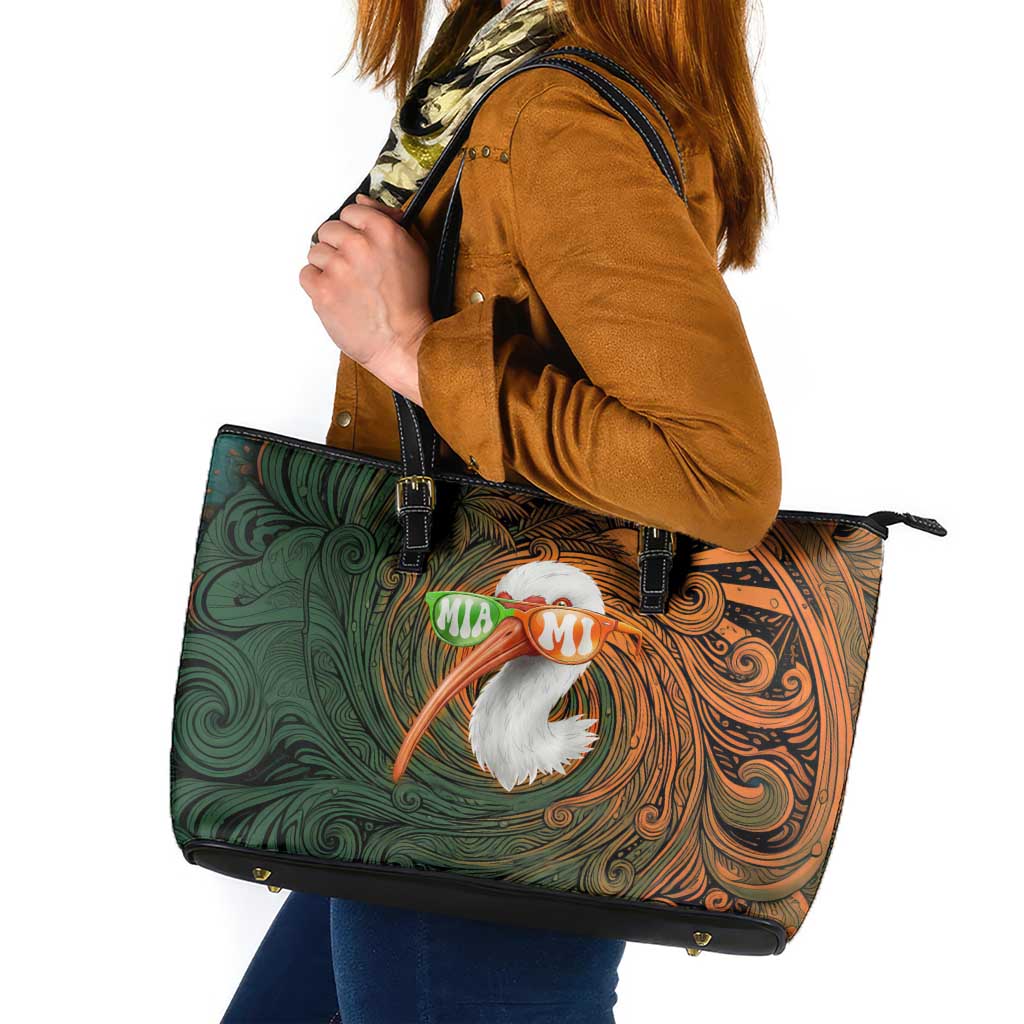 Vintage American White Ibis Leather Tote Bag Miami Sunglasses Artistic Tribal Wave Pattern