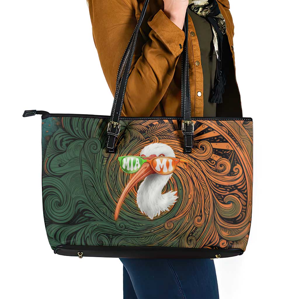 Vintage American White Ibis Leather Tote Bag Miami Sunglasses Artistic Tribal Wave Pattern