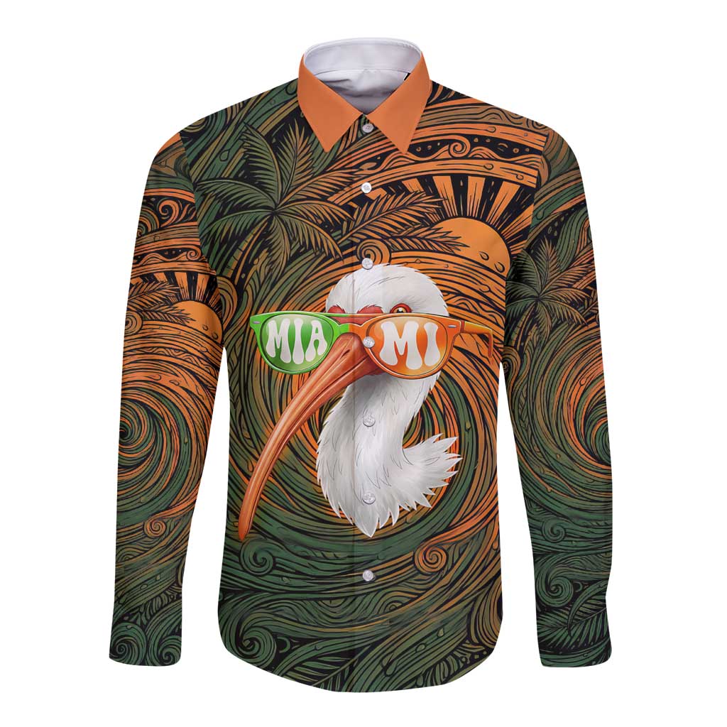 Vintage American White Ibis Long Sleeve Button Shirt Miami Sunglasses Artistic Tribal Wave Pattern