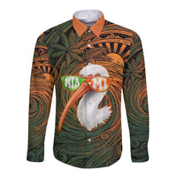 Vintage American White Ibis Long Sleeve Button Shirt Miami Sunglasses Artistic Tribal Wave Pattern