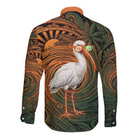 Vintage American White Ibis Long Sleeve Button Shirt Miami Sunglasses Artistic Tribal Wave Pattern