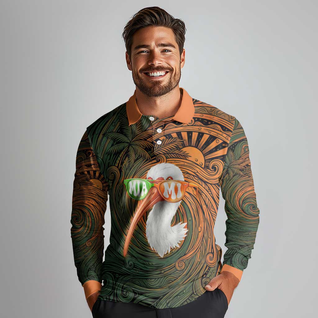 Vintage American White Ibis Long Sleeve Polo Shirt Miami Sunglasses Artistic Tribal Wave Pattern