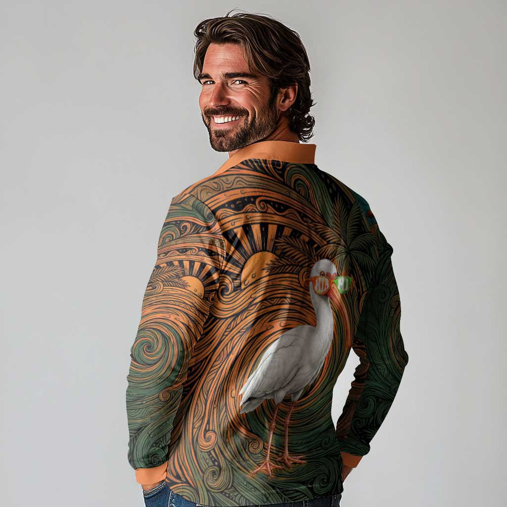 Vintage American White Ibis Long Sleeve Polo Shirt Miami Sunglasses Artistic Tribal Wave Pattern