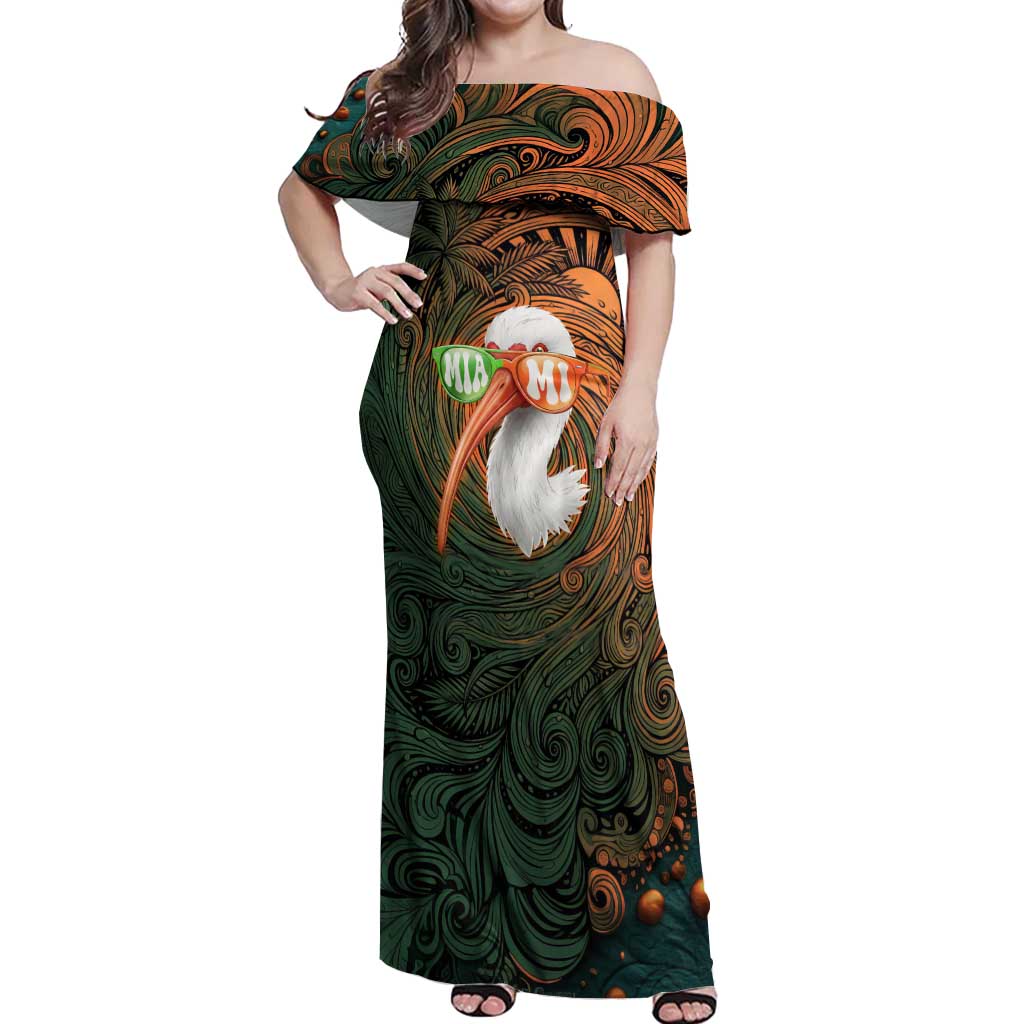 Vintage American White Ibis Off Shoulder Maxi Dress Miami Sunglasses Artistic Tribal Wave Pattern