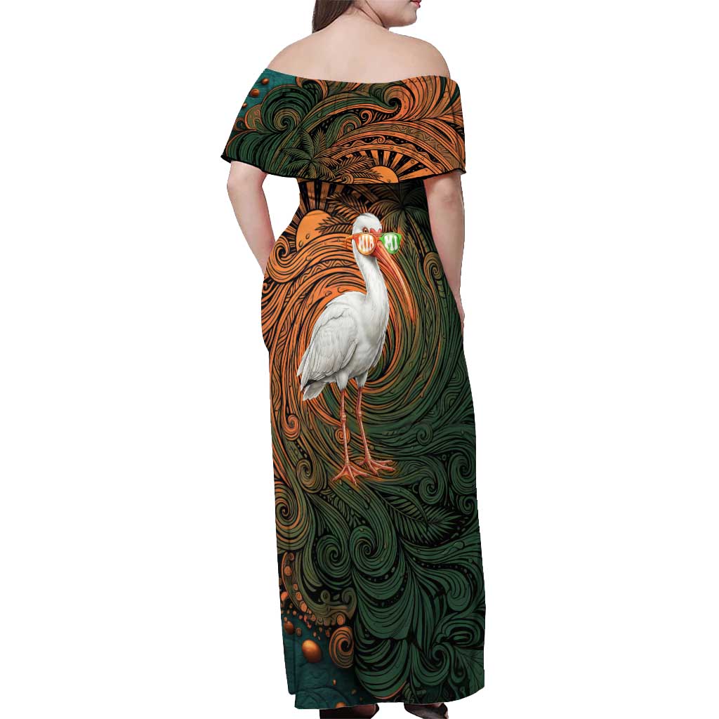 Vintage American White Ibis Off Shoulder Maxi Dress Miami Sunglasses Artistic Tribal Wave Pattern