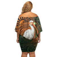 Vintage American White Ibis Off Shoulder Short Dress Miami Sunglasses Artistic Tribal Wave Pattern