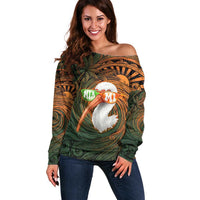 Vintage American White Ibis Off Shoulder Sweater Miami Sunglasses Artistic Tribal Wave Pattern