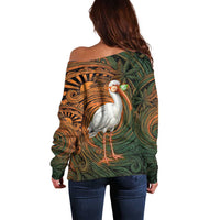 Vintage American White Ibis Off Shoulder Sweater Miami Sunglasses Artistic Tribal Wave Pattern
