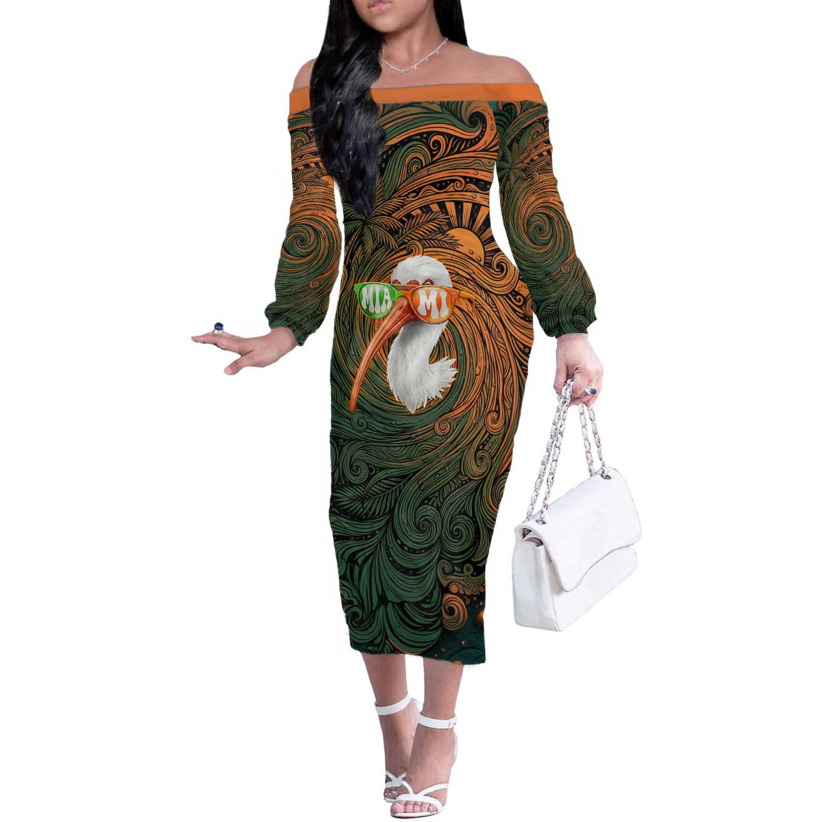 Vintage American White Ibis Off The Shoulder Long Sleeve Dress Miami Sunglasses Artistic Tribal Wave Pattern