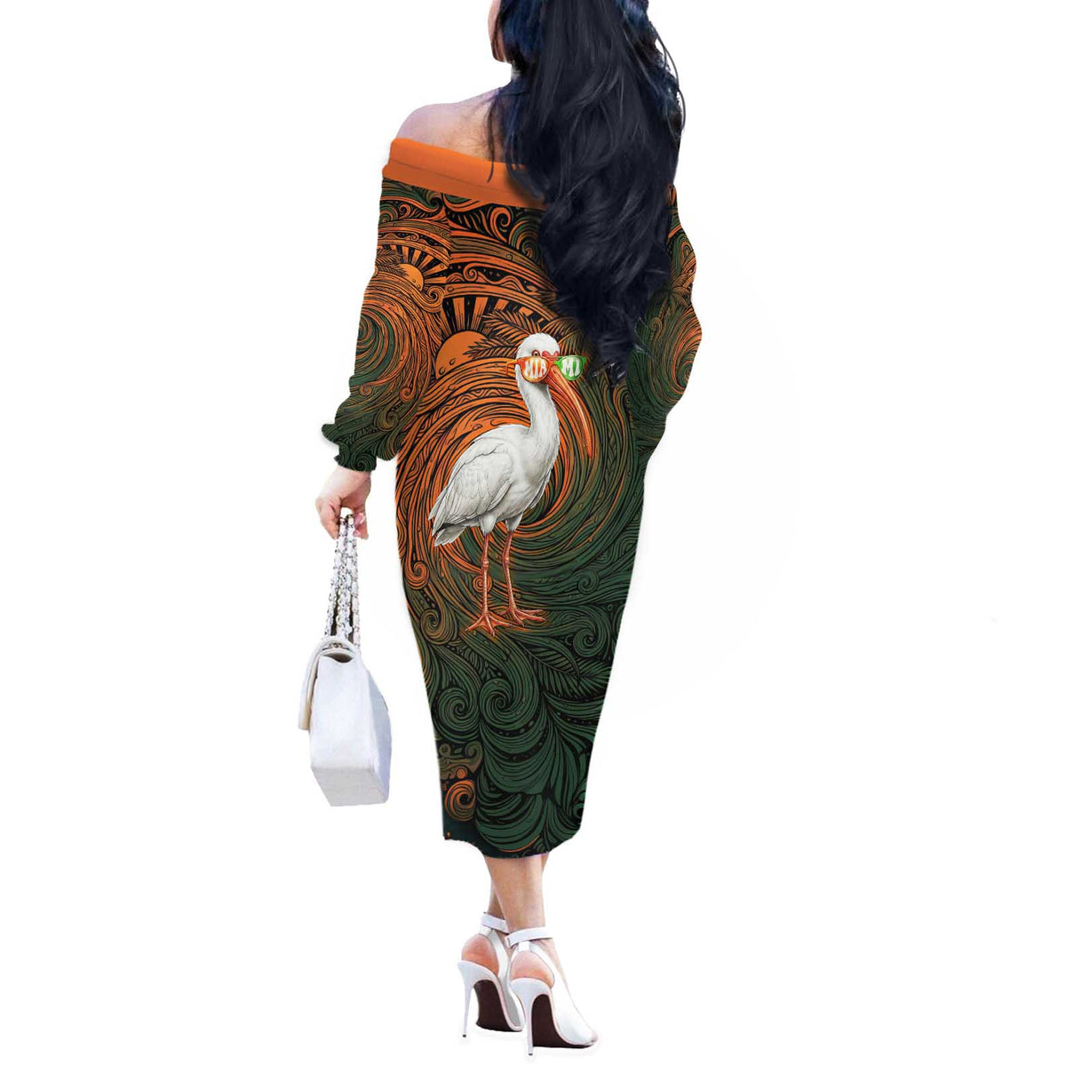 Vintage American White Ibis Off The Shoulder Long Sleeve Dress Miami Sunglasses Artistic Tribal Wave Pattern