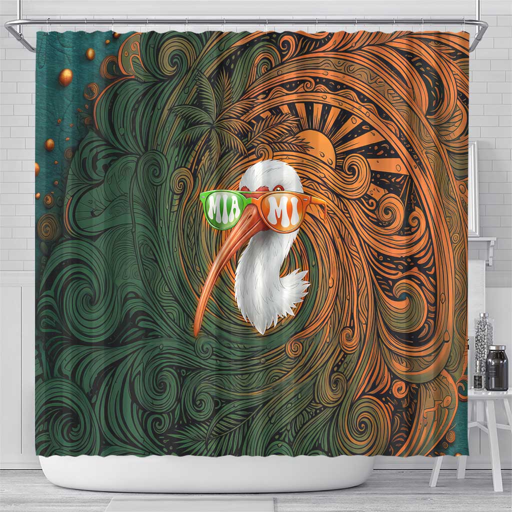 Vintage American White Ibis Shower Curtain Miami Sunglasses Artistic Tribal Wave Pattern