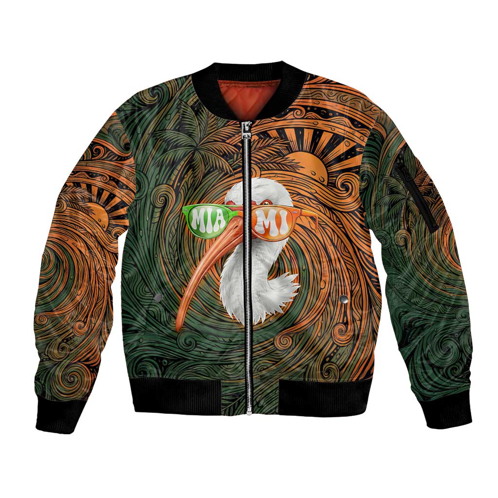 Vintage American White Ibis Sleeve Zip Bomber Jacket Miami Sunglasses Artistic Tribal Wave Pattern