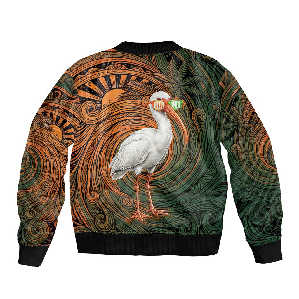 Vintage American White Ibis Sleeve Zip Bomber Jacket Miami Sunglasses Artistic Tribal Wave Pattern